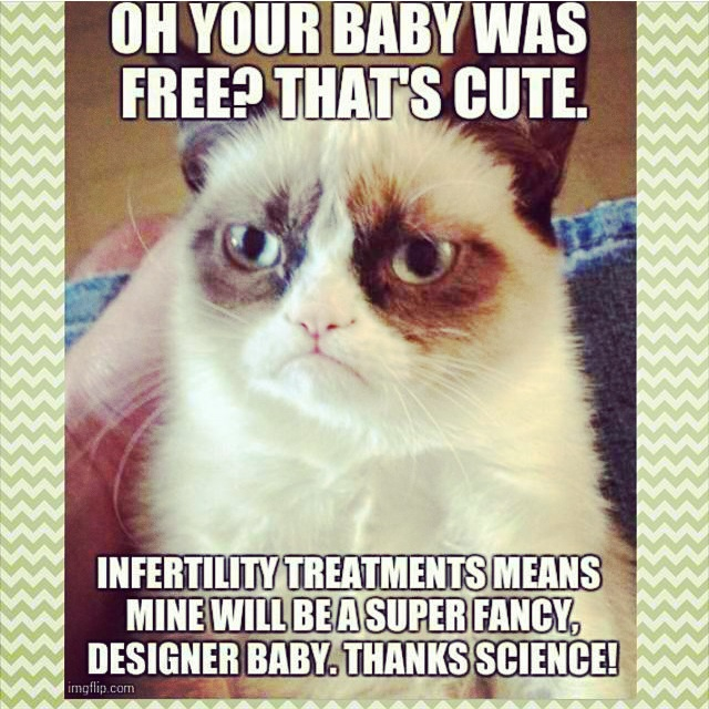 Oh your baby was free? That's cute. Infertility treatments means mine will be a super fancy, designer baby, thanks science!