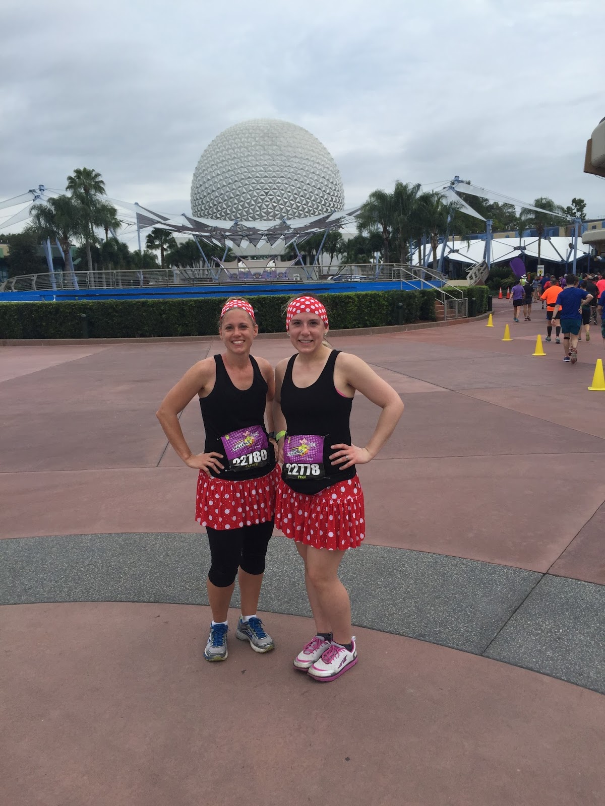 Dopey Challenge Mickey Marathon 2016 Celise and I in front of Spaceship Earth Epcot