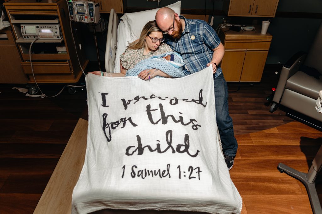 I prayed for this Child Modern Burlap Swaddle holding Ethan our stillborn